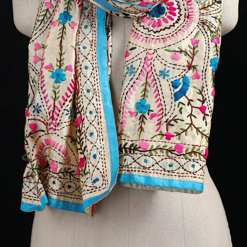 Beige - Ranihati Chanderi Silk Hand Embroidered Stole 116