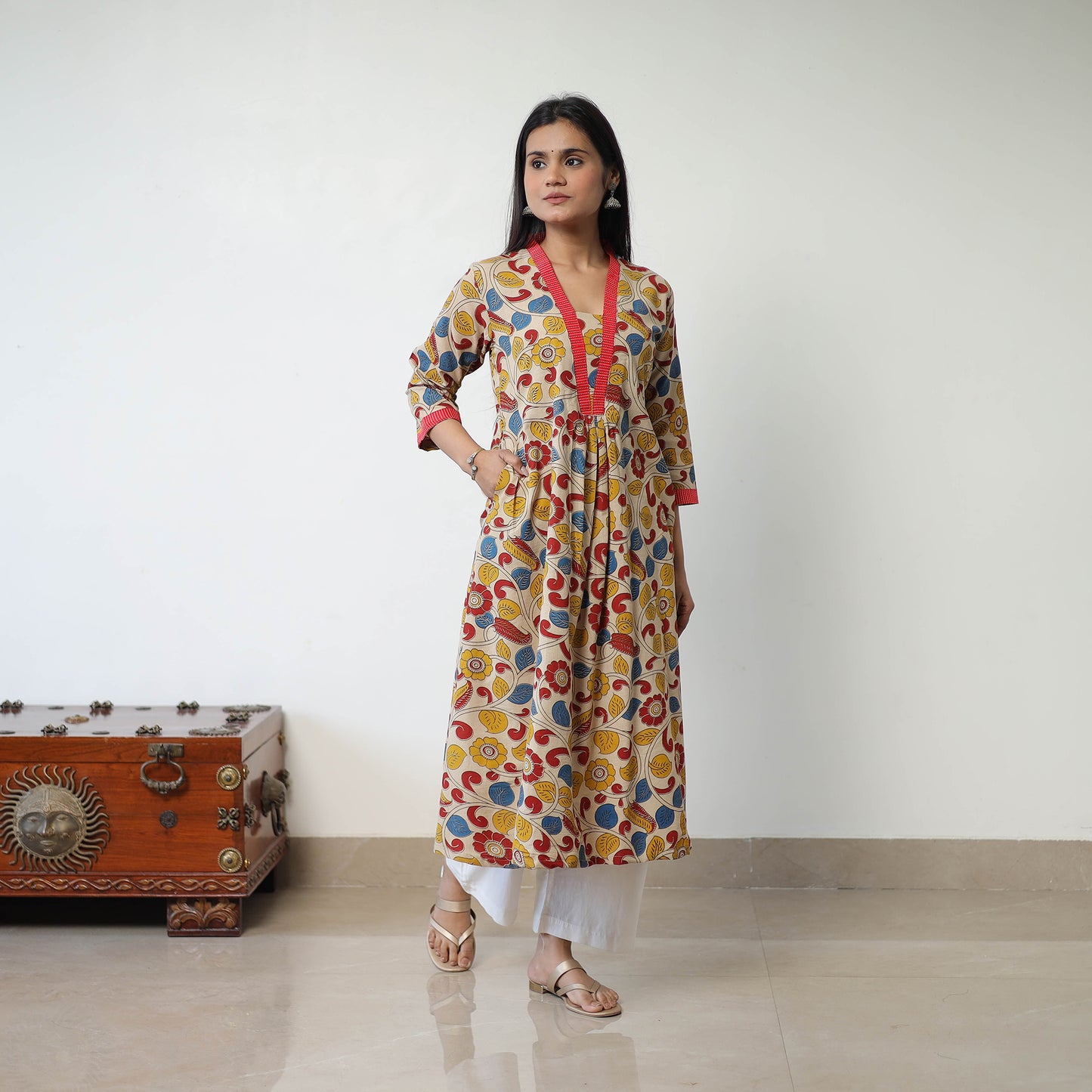 Buy Printed Cotton Flared Kalamkari Kurta For Women