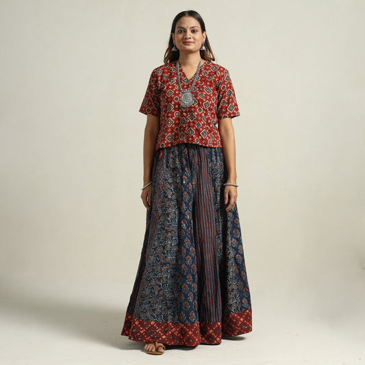 Blue - Ajrakh Block Printed 24 Kali Patchwork Cotton Long Skirt 30