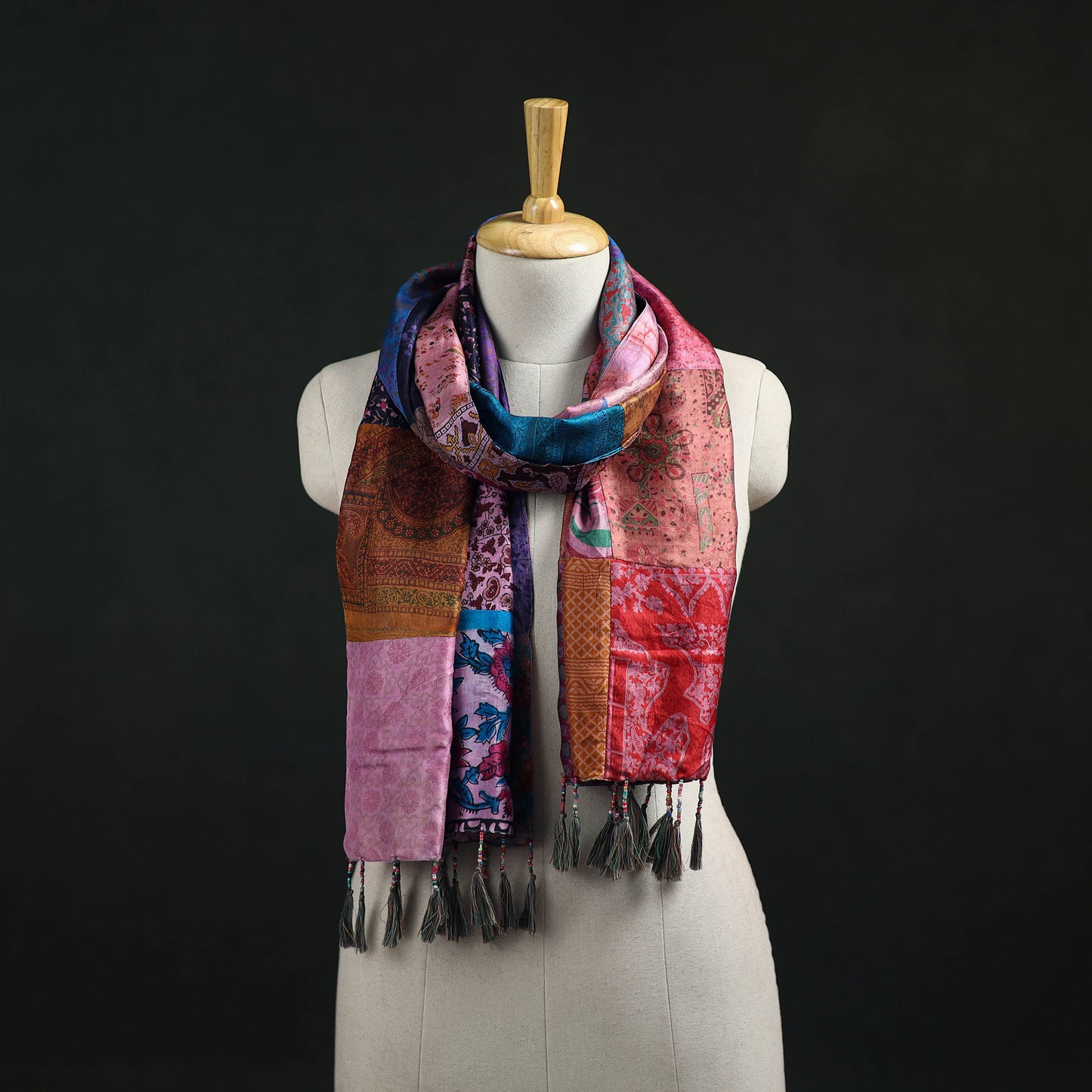 Pure Silk Reversible Patchwork Stole with Tassels 36