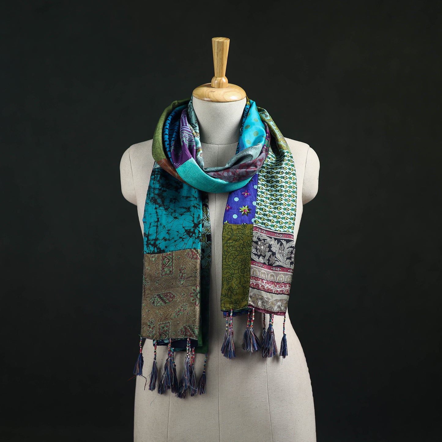 Pure Silk Reversible Patchwork Stole with Tassels 37