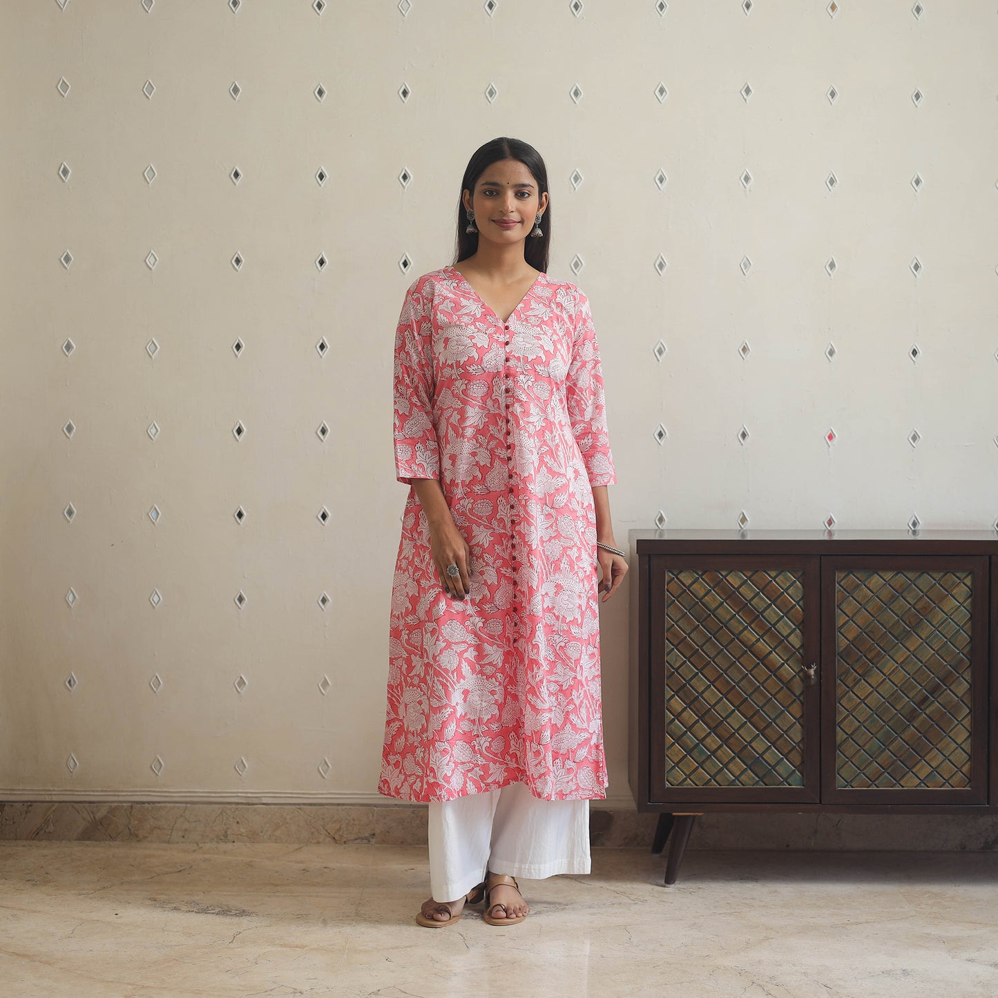 Pink - Sanganeri Block Printed Cotton Long Kurta