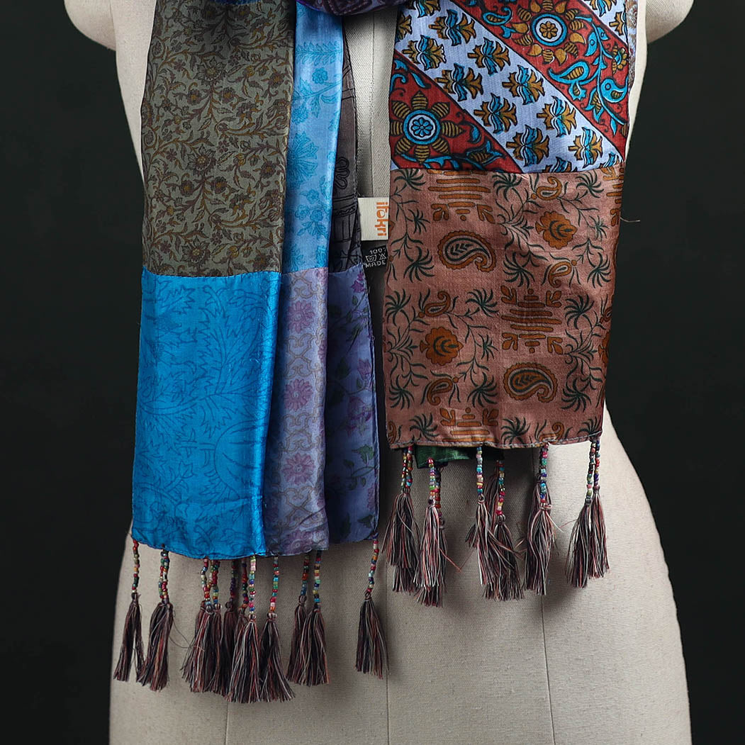 Pure Silk Reversible Patchwork Stole with Tassels 39