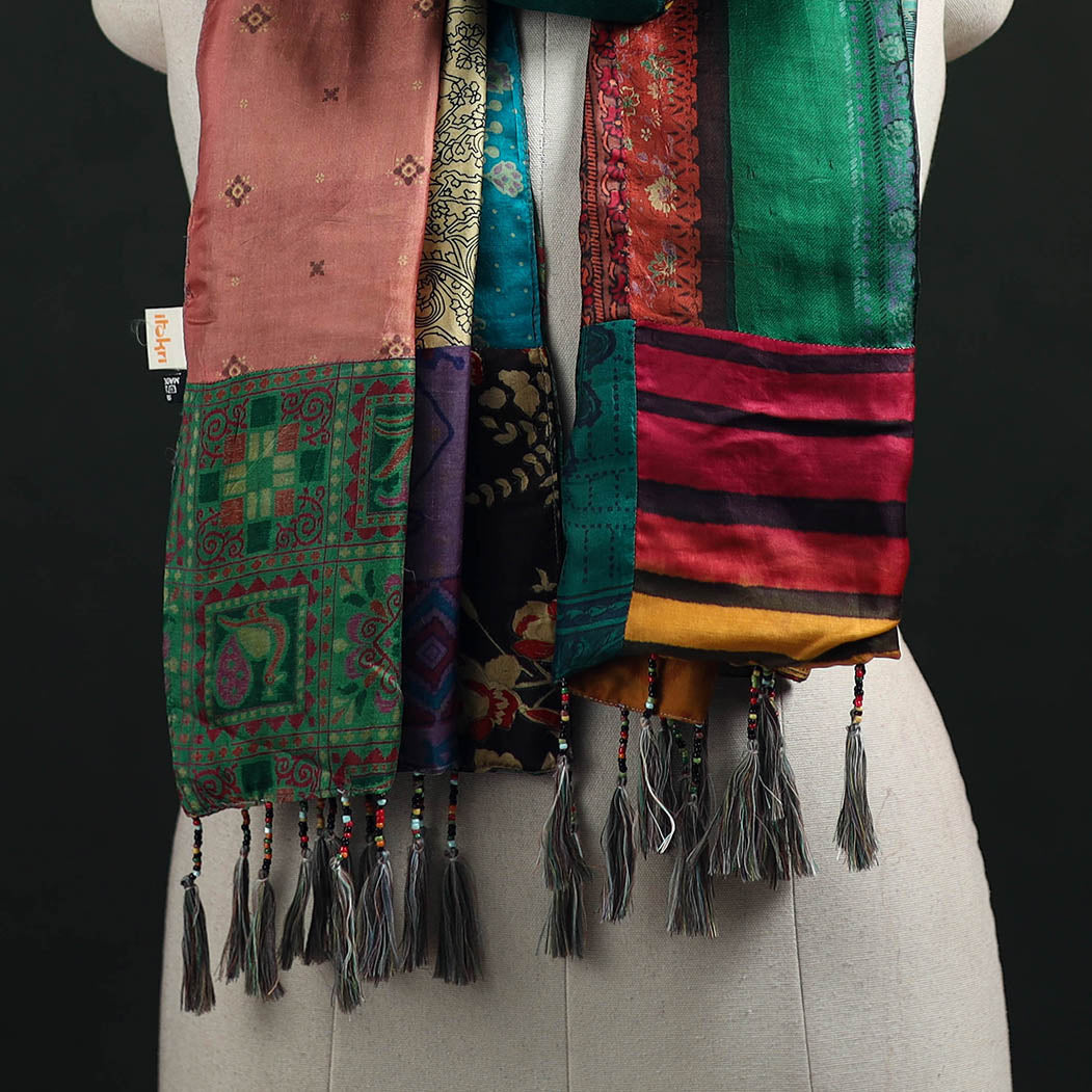 Pure Silk Reversible Patchwork Stole with Tassels 40