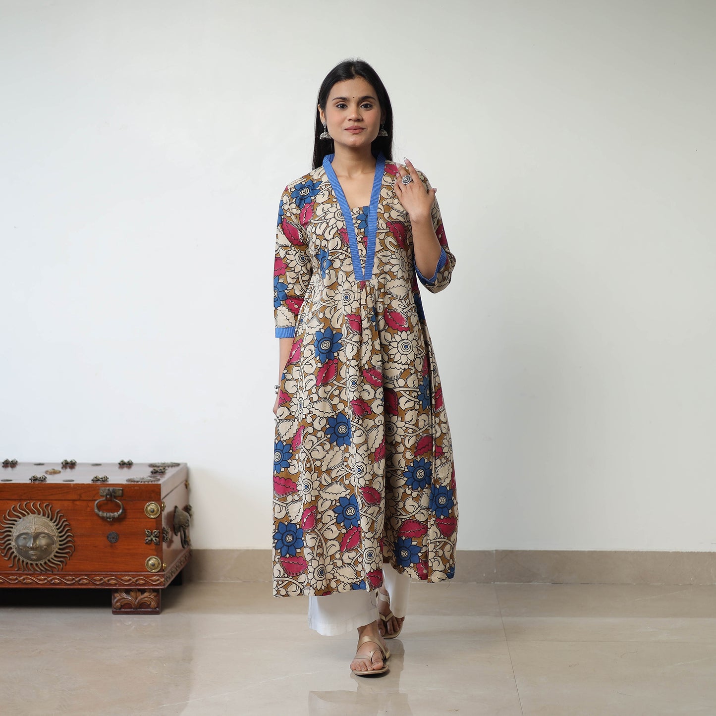 Brown - Printed Cotton Flared Kalamkari Kurta with Patchwork 05