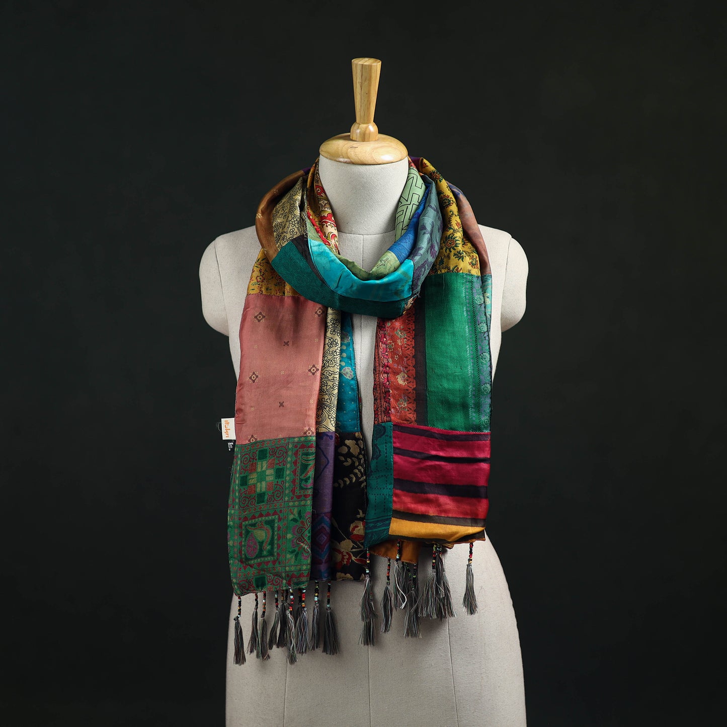 Pure Silk Reversible Patchwork Stole with Tassels 40