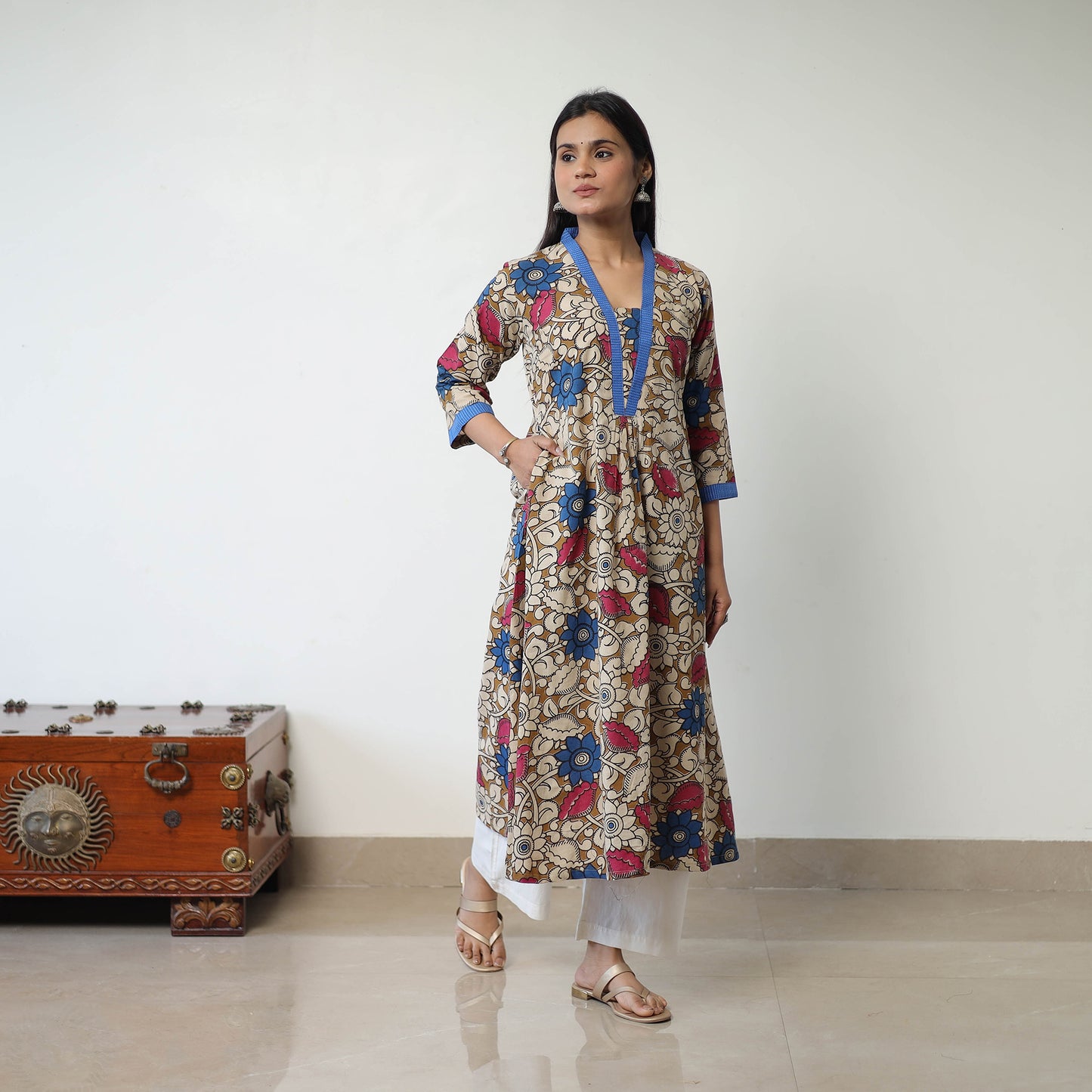 Brown - Printed Cotton Flared Kalamkari Kurta with Patchwork 05