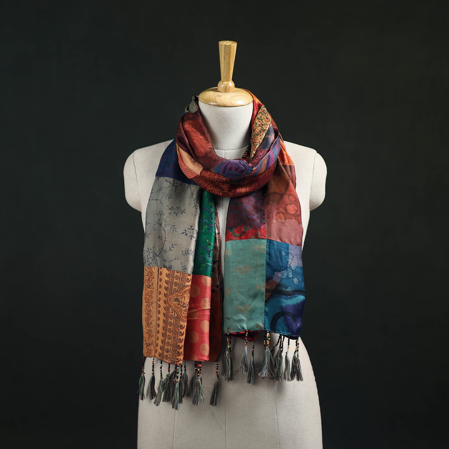 Pure Silk Reversible Patchwork Stole with Tassels 41