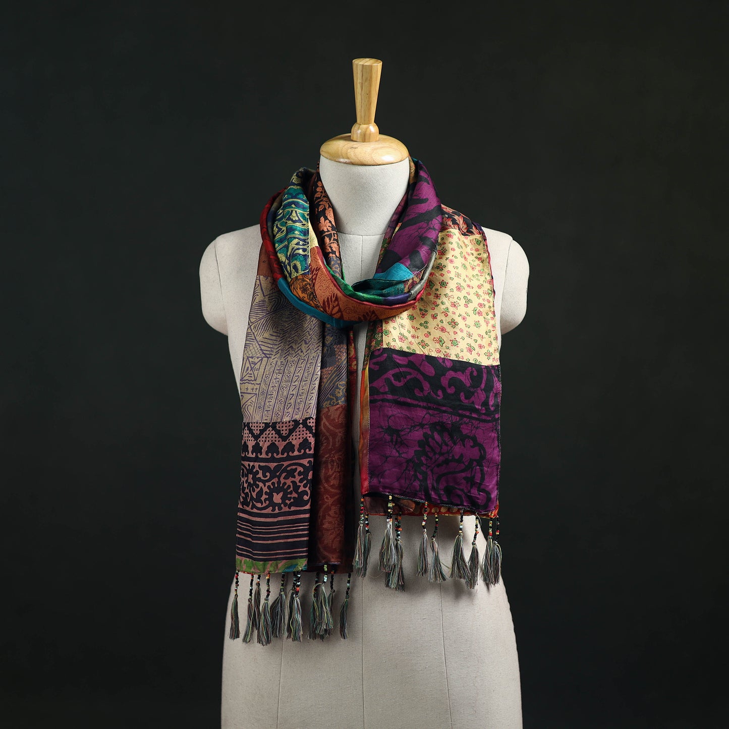 Pure Silk Reversible Patchwork Stole with Tassels 42