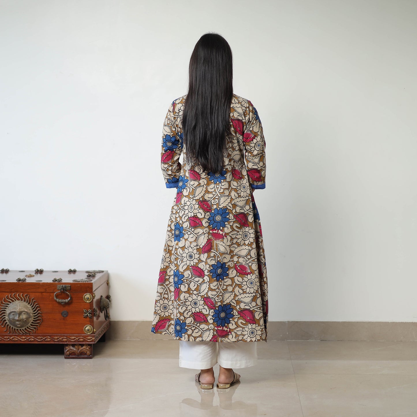 Brown - Printed Cotton Flared Kalamkari Kurta with Patchwork 05