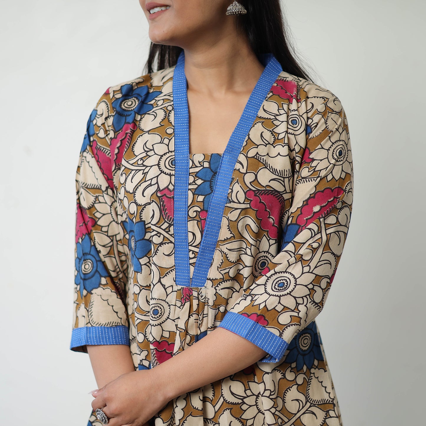 Brown - Printed Cotton Flared Kalamkari Kurta with Patchwork 05
