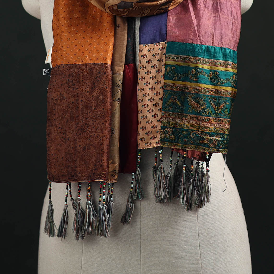 Pure Silk Reversible Patchwork Stole with Tassels 45