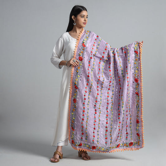 Purple - Ranihati Chanderi Silk Chapa Work Phulkari Embroidered Dupatta with Pom Pom 63