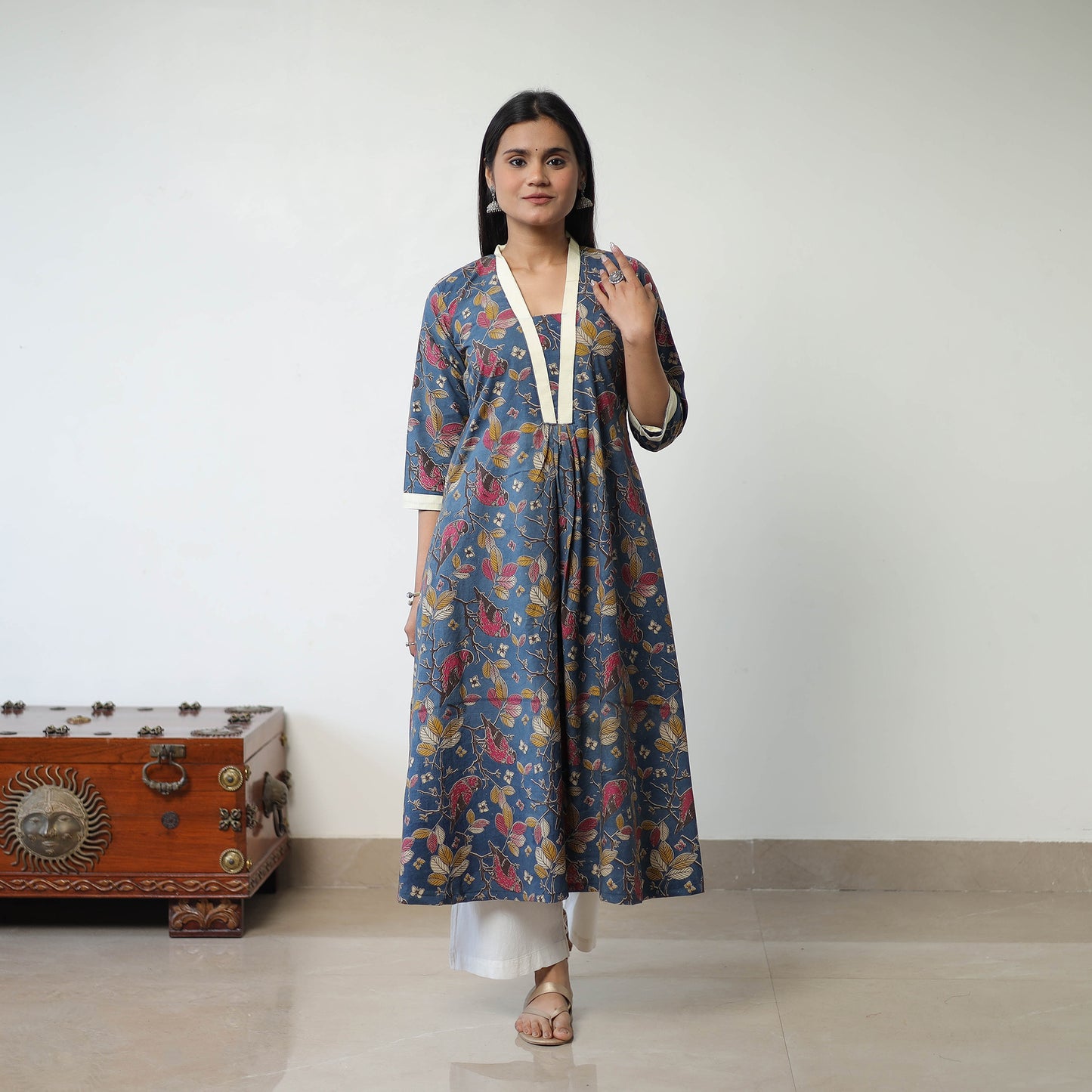 Blue - Printed Cotton Flared Kalamkari Kurta with Patchwork 01