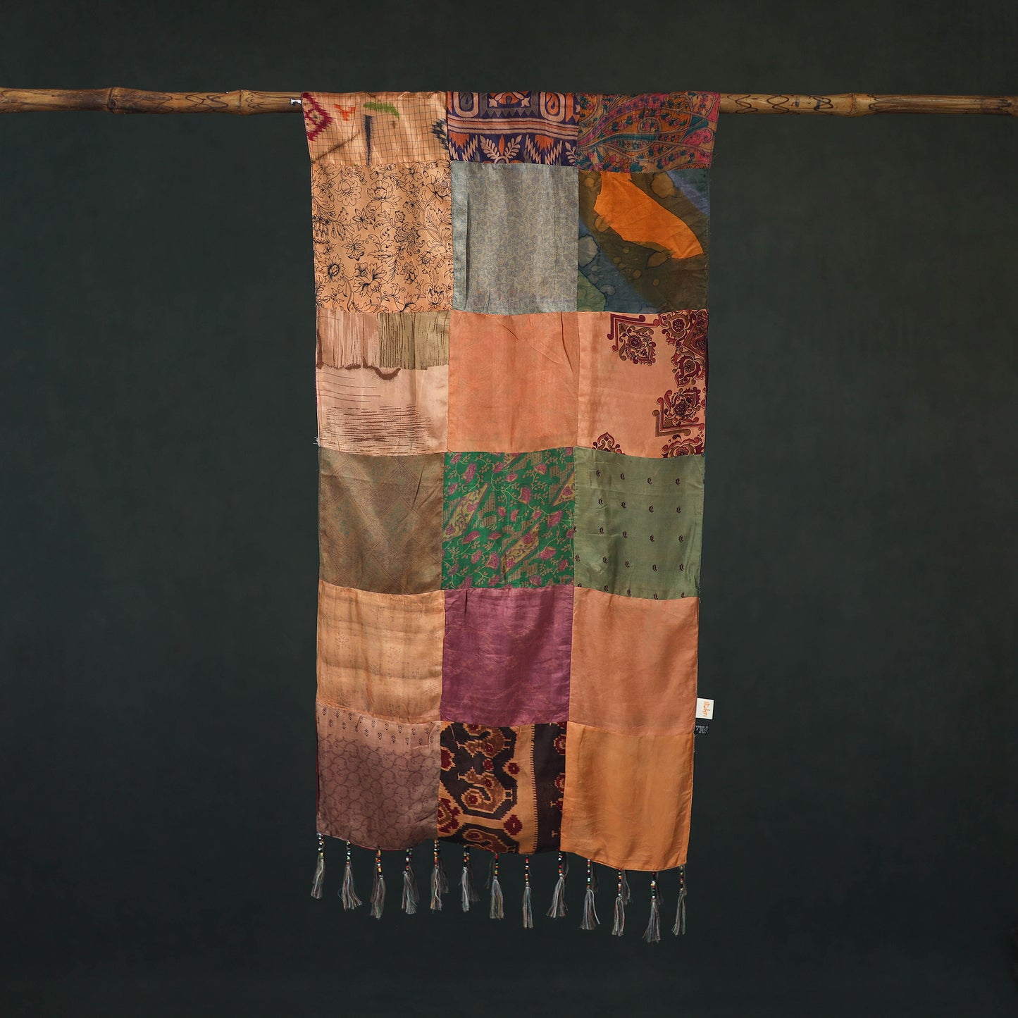 Pure Silk Reversible Patchwork Stole with Tassels 45