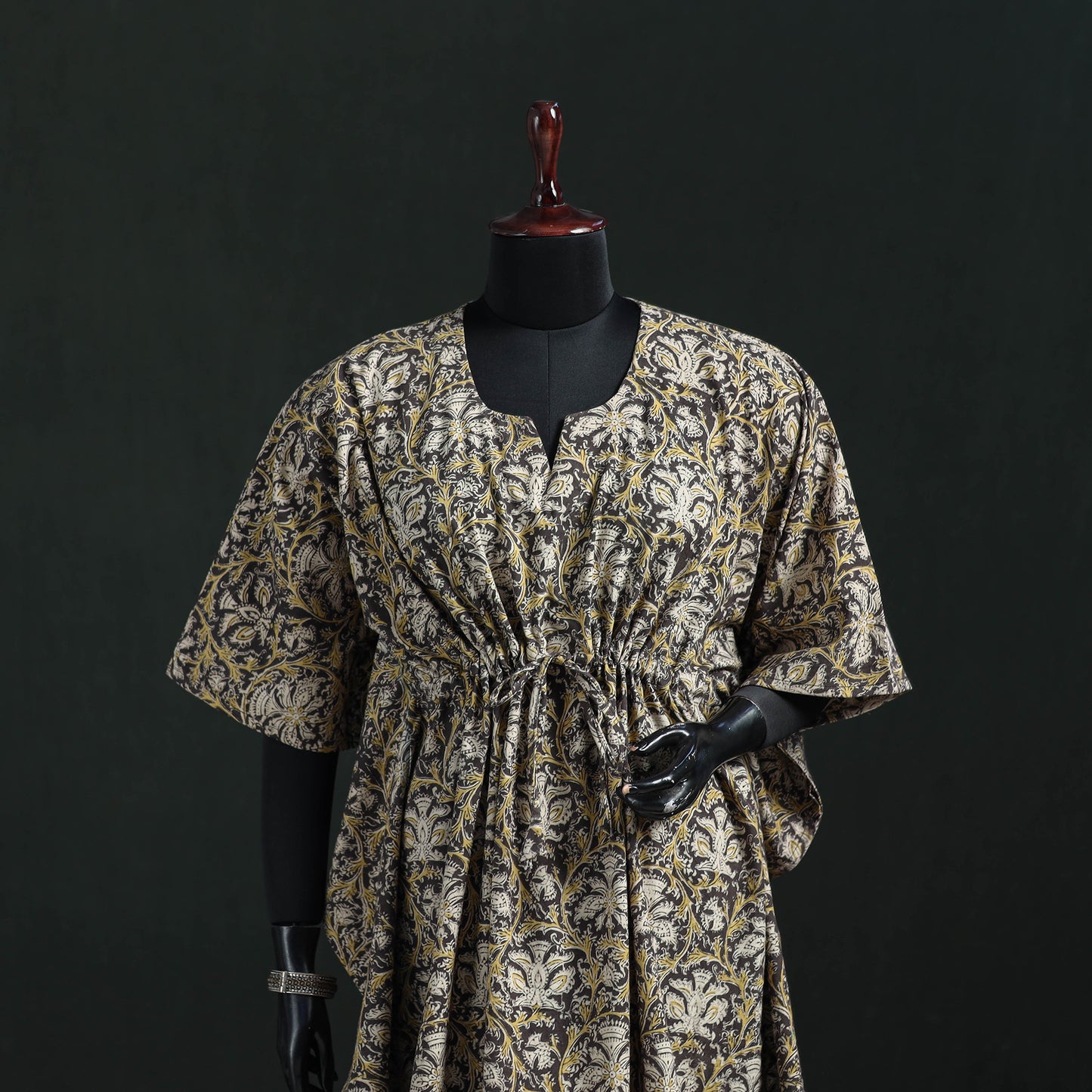 Beige - Kalamkari Hand Block Print Natural Dyed Cotton Kaftan (Medium) 10