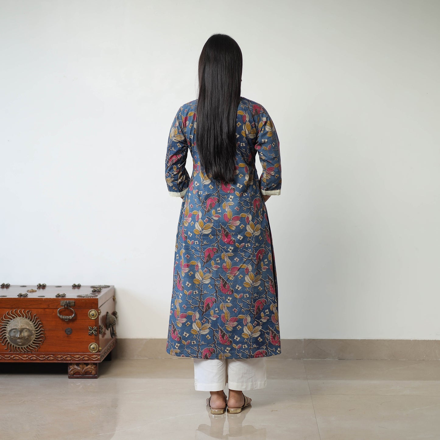 Blue - Printed Cotton Flared Kalamkari Kurta with Patchwork 01