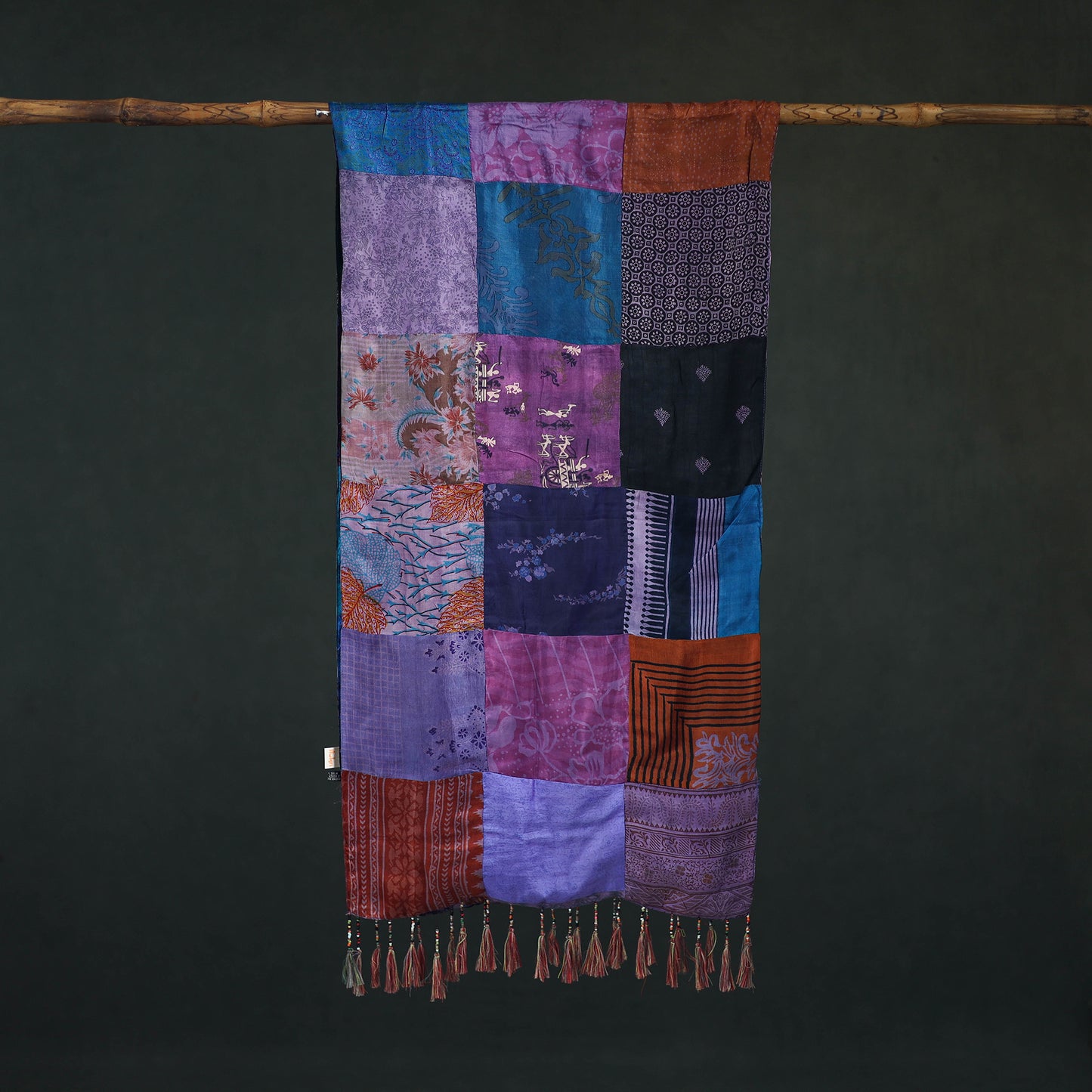 Pure Silk Reversible Patchwork Stole with Tassels 43
