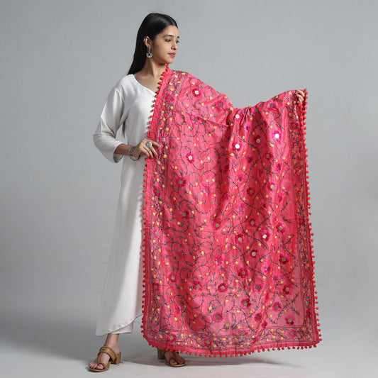 Pink - Ranihati Chanderi Silk Chapa Work Phulkari Embroidered Dupatta with Pom Pom 64