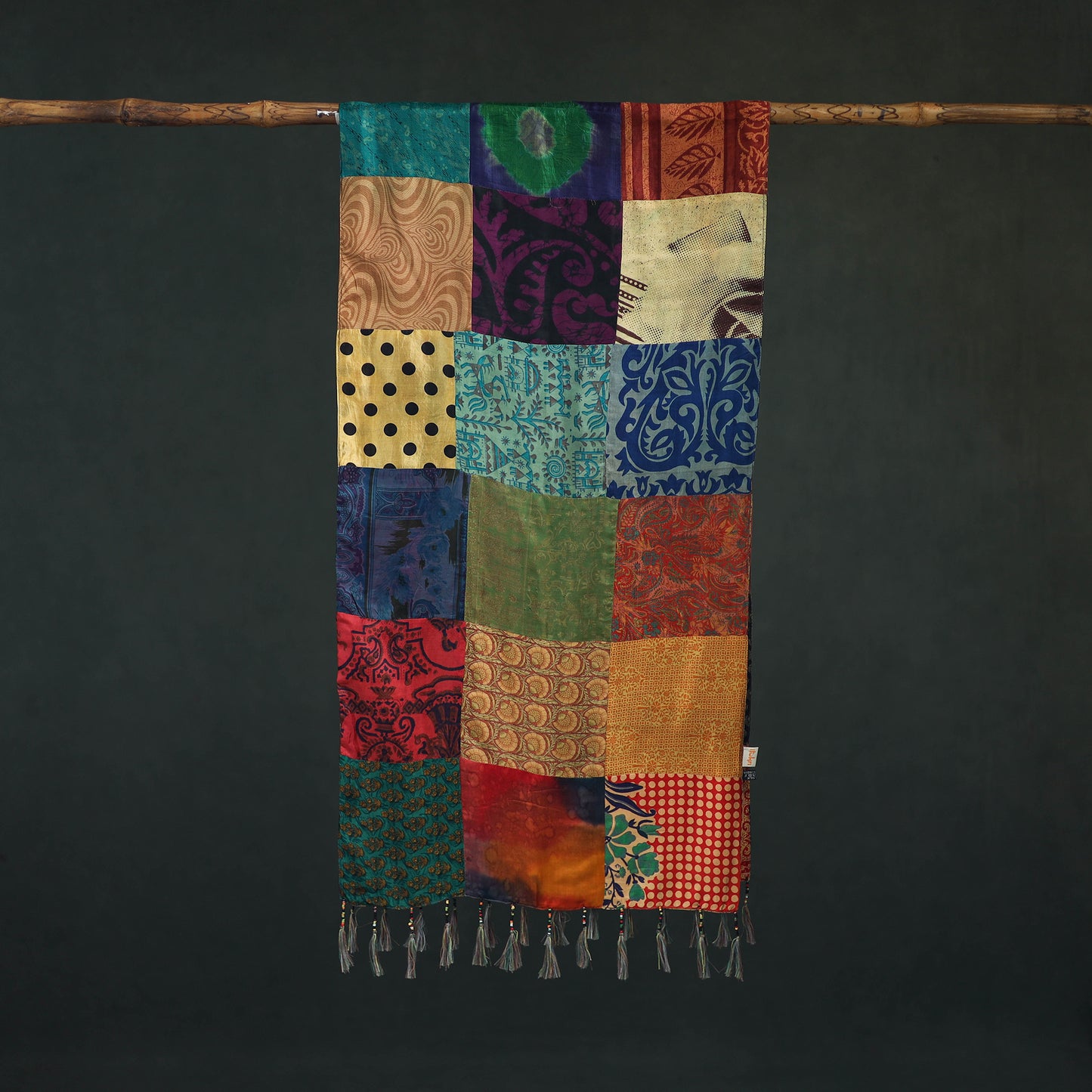 Pure Silk Reversible Patchwork Stole with Tassels 42