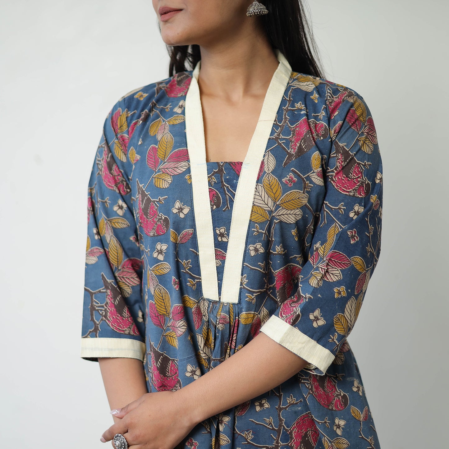 Blue - Printed Cotton Flared Kalamkari Kurta with Patchwork 01