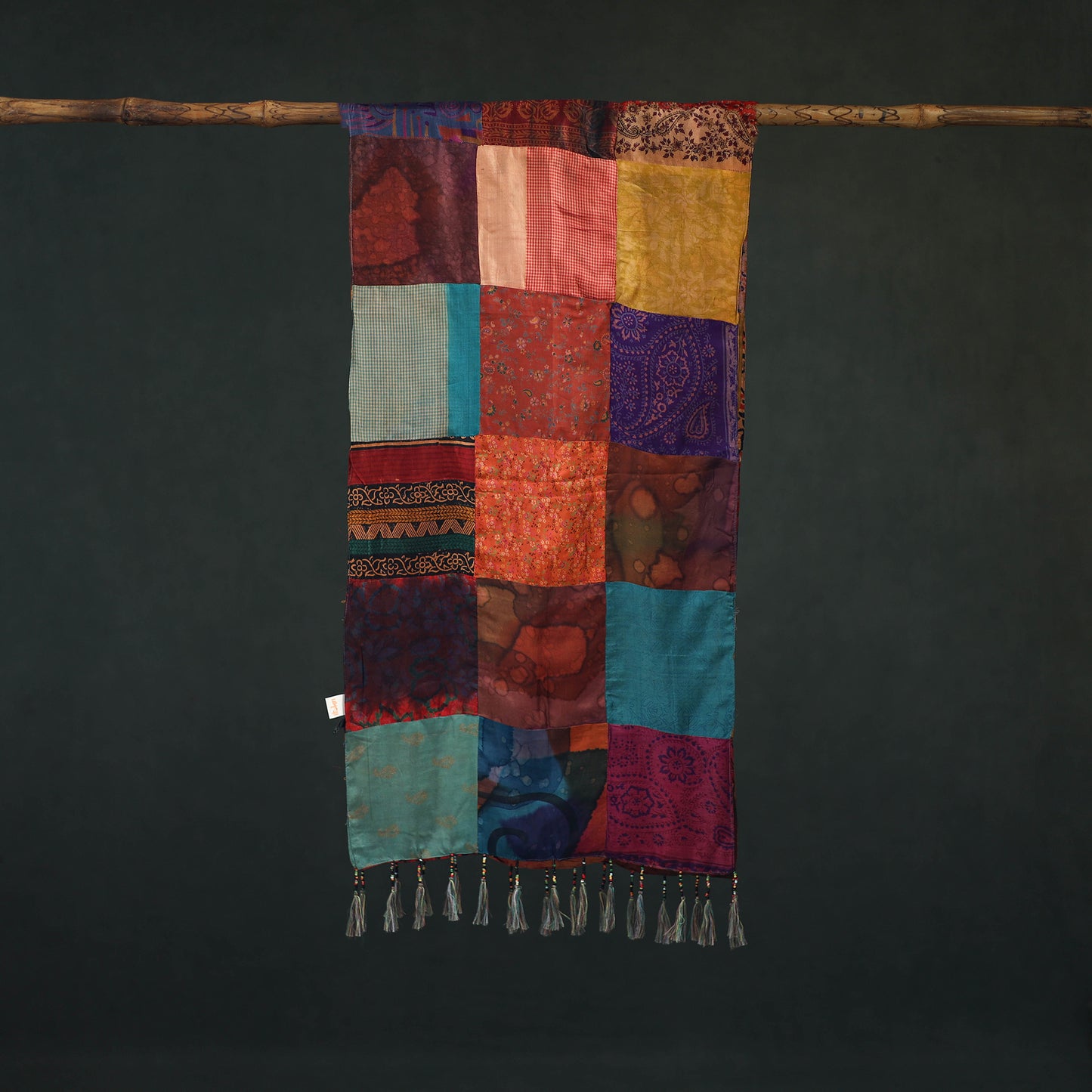 Pure Silk Reversible Patchwork Stole with Tassels 41