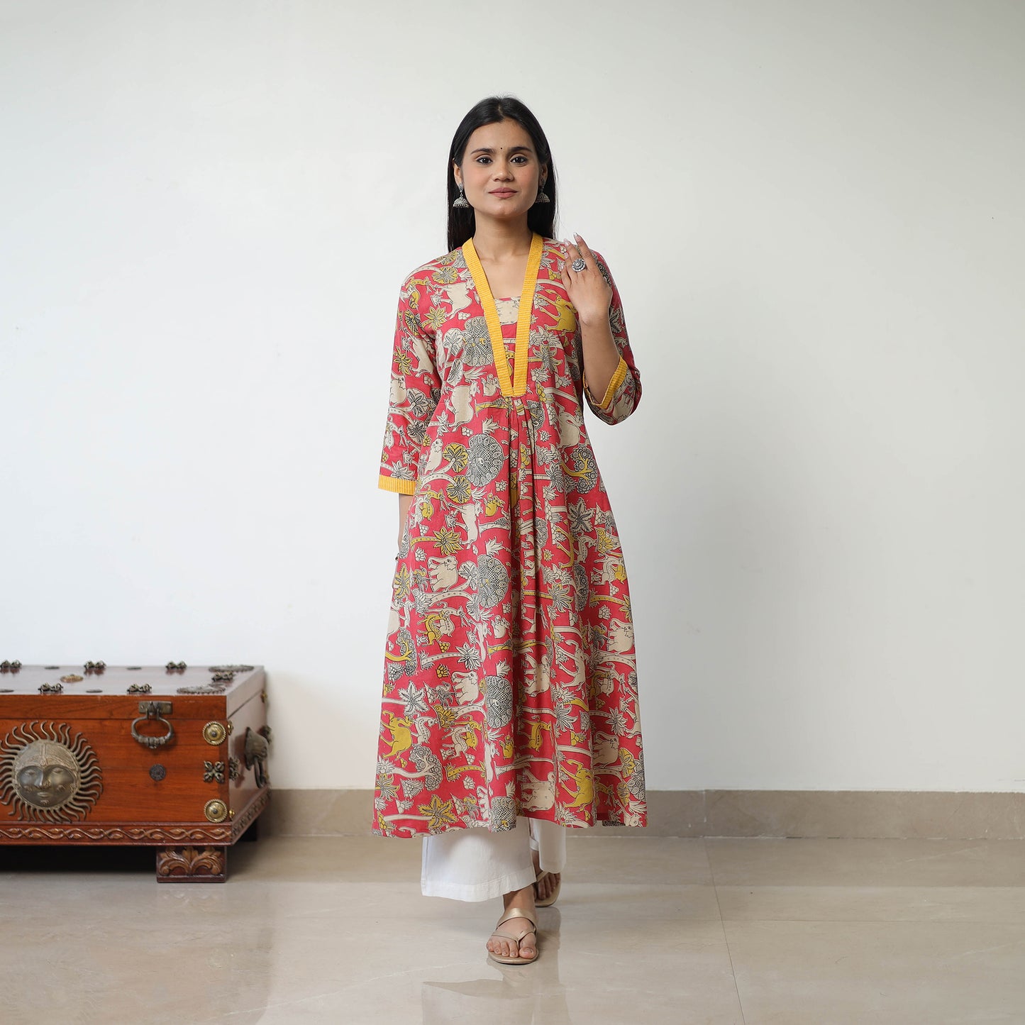 Pink - Printed Cotton Flared Kalamkari Kurta with Patchwork 02