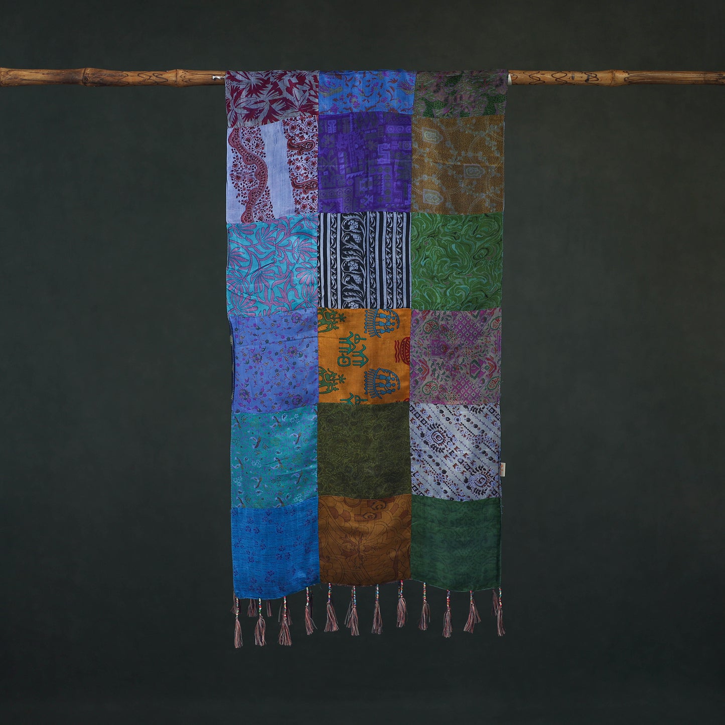 Pure Silk Reversible Patchwork Stole with Tassels 39
