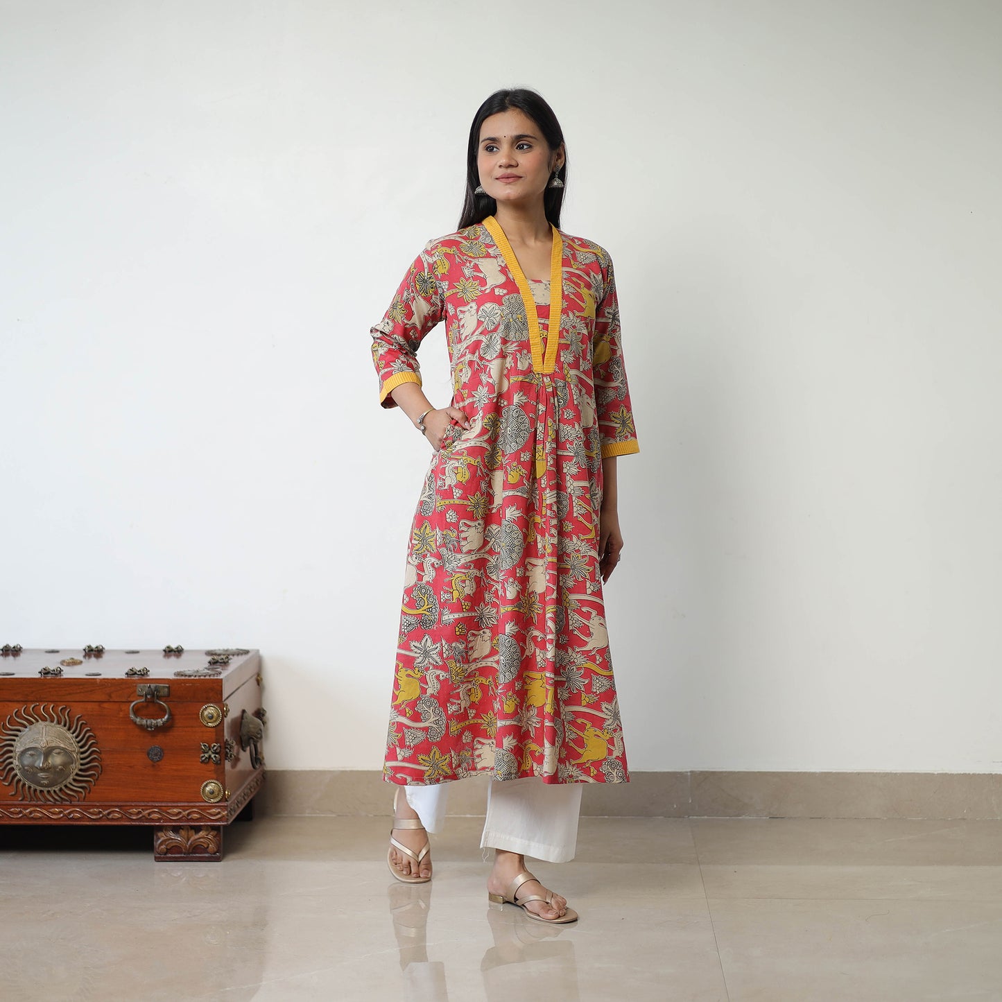 Pink - Printed Cotton Flared Kalamkari Kurta with Patchwork 02