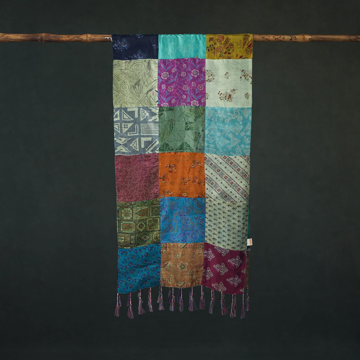 Pure Silk Reversible Patchwork Stole with Tassels 38
