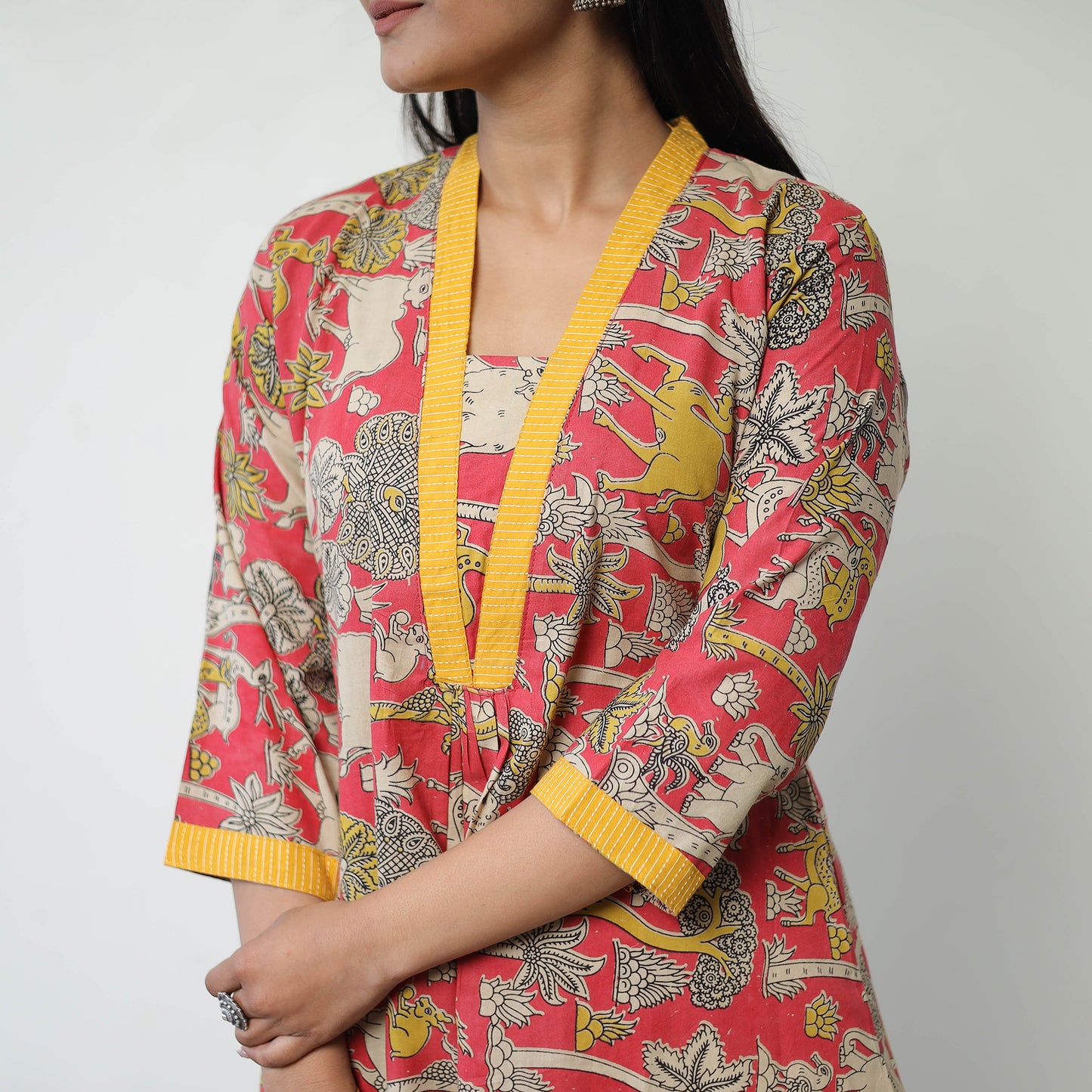 Pink - Printed Cotton Flared Kalamkari Kurta with Patchwork 02