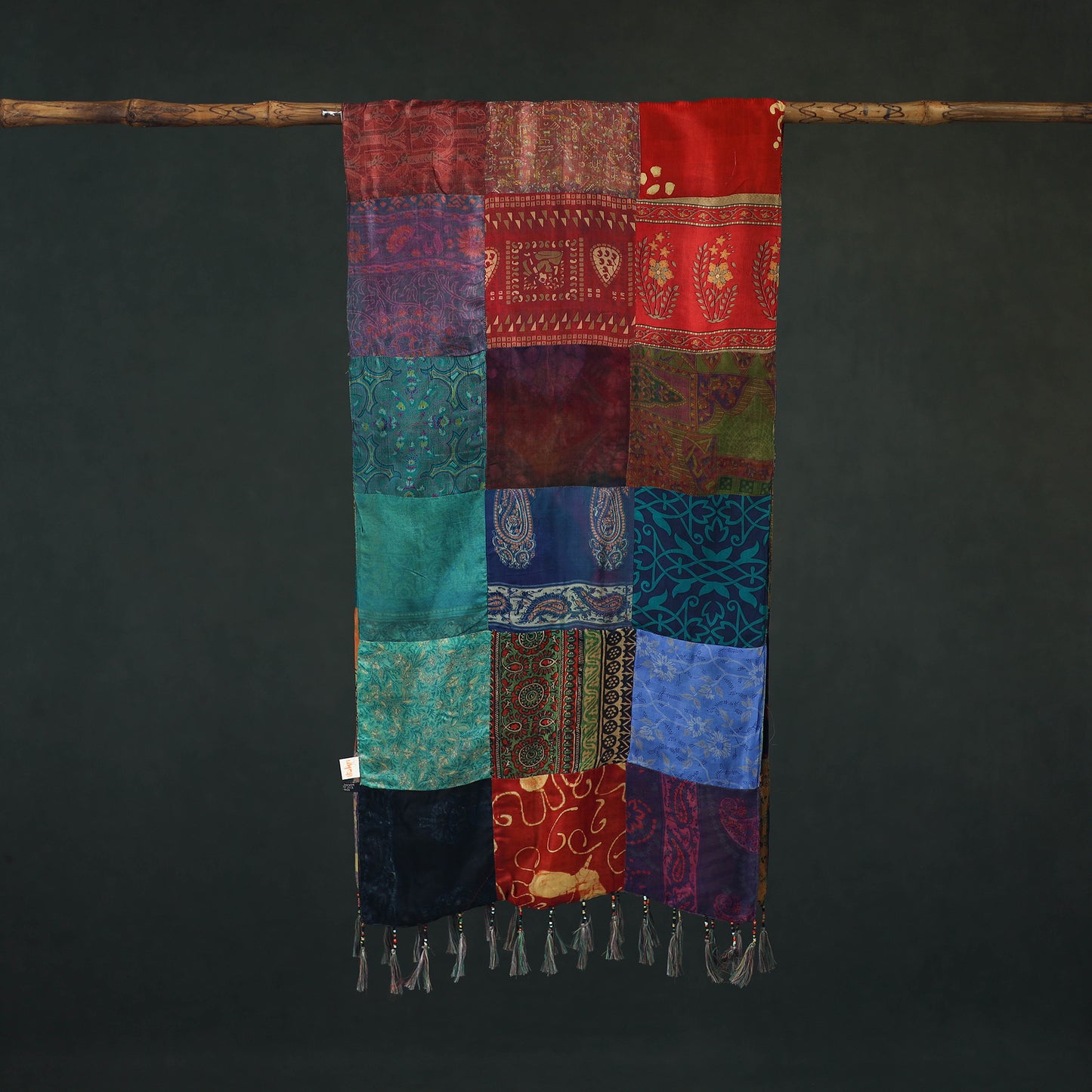 Pure Silk Reversible Patchwork Stole with Tassels 35