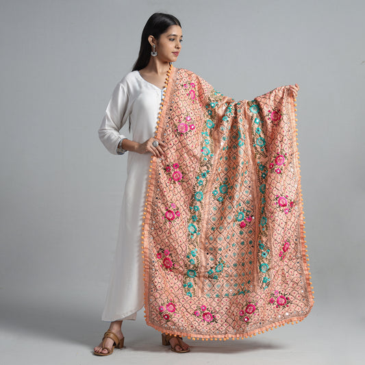 Ranihati Chanderi Silk Chapa Work Phulkari Embroidered Dupatta with Pom Pom 66