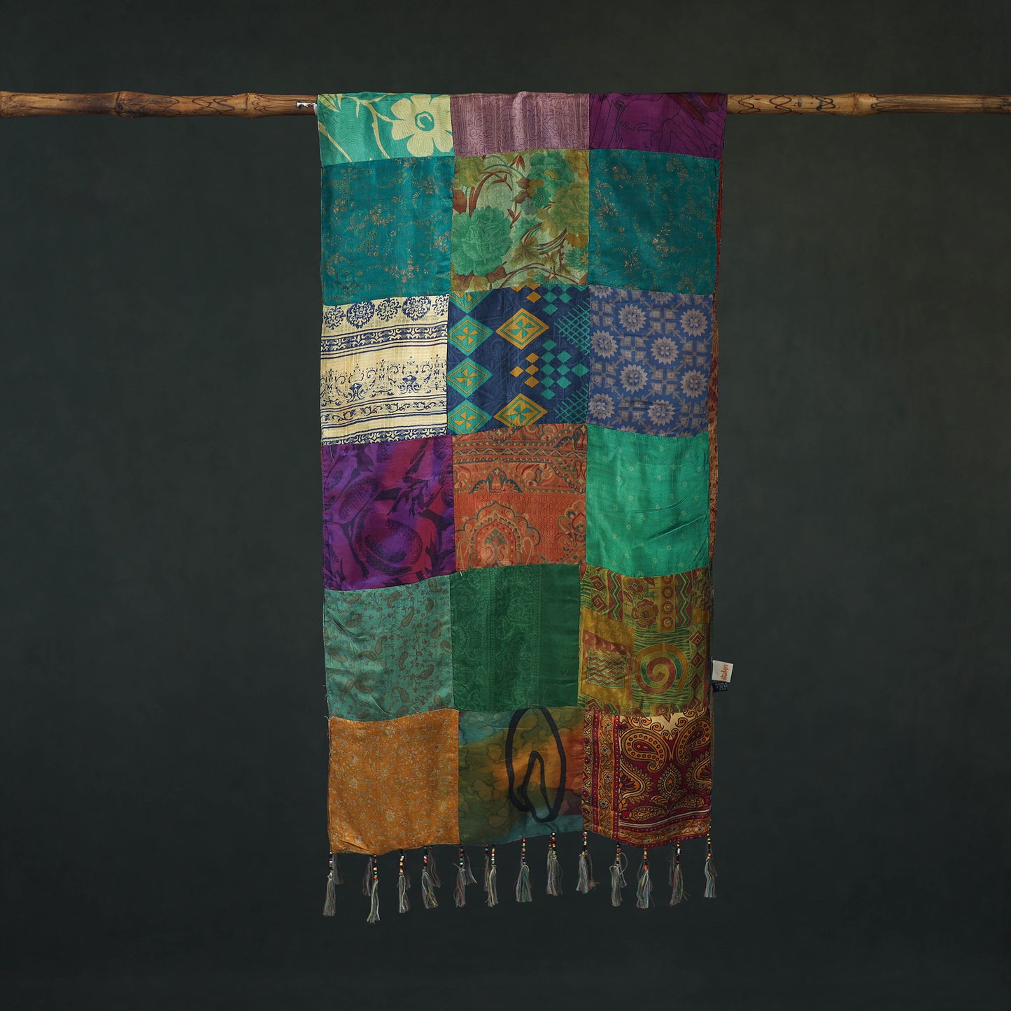Pure Silk Reversible Patchwork Stole with Tassels 32