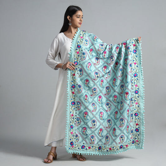 Green - Ranihati Chanderi Silk Chapa Work Phulkari Embroidered Dupatta with Pom Pom 67