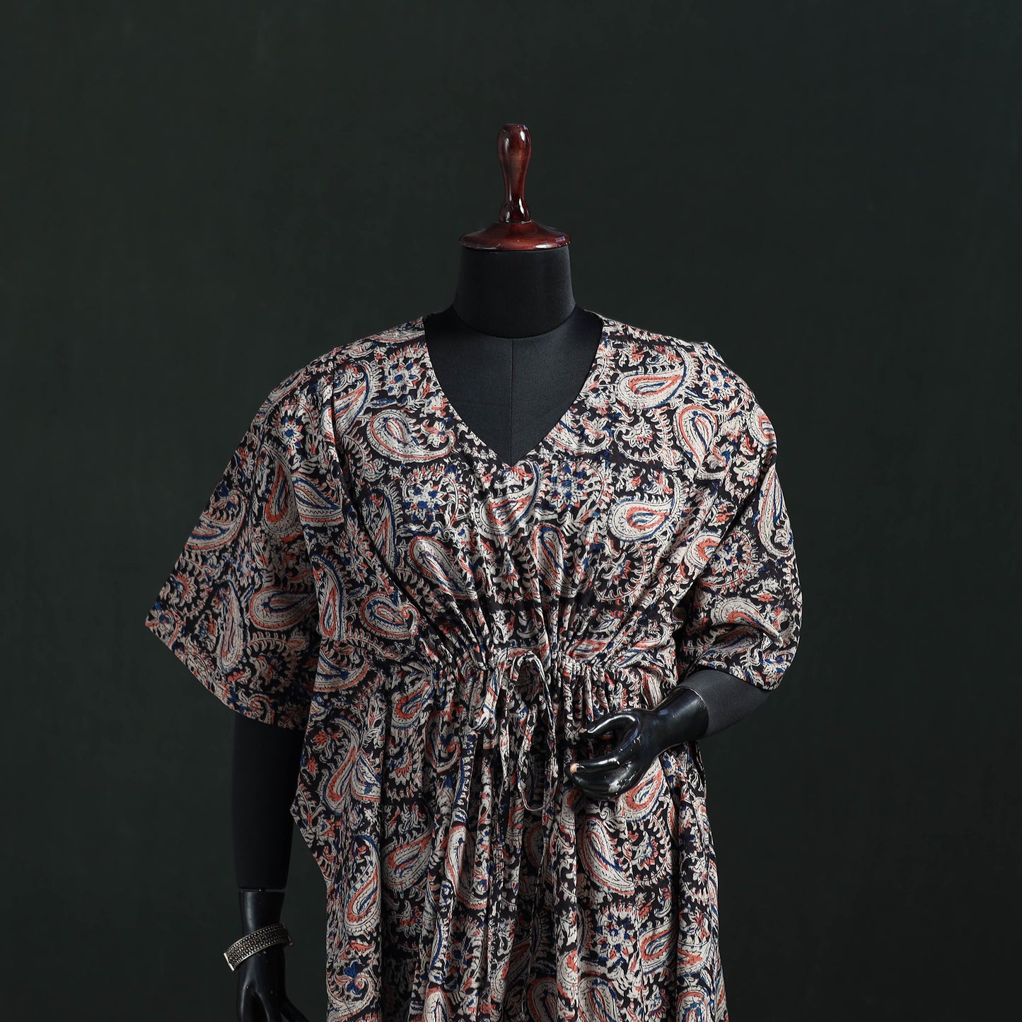 White - Kalamkari Hand Block Print Natural Dyed Cotton Kaftan (Medium) 12