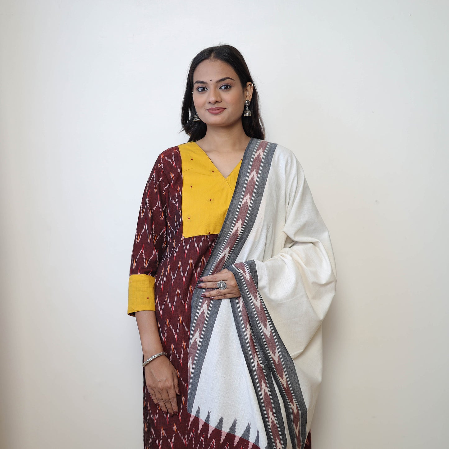 Maroon - Handloom Cotton Pochampally Ikat Kurta Set 16