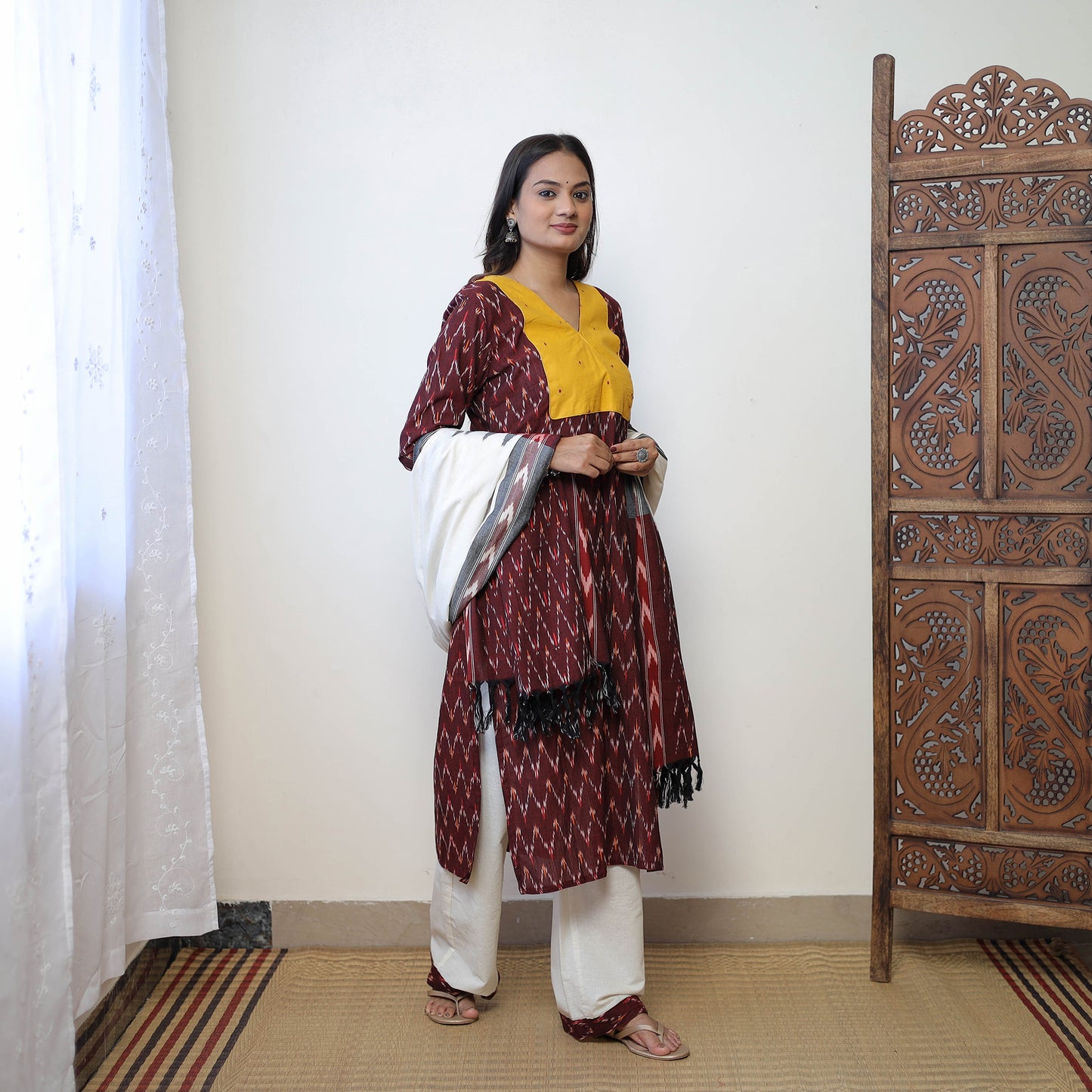 Maroon - Handloom Cotton Pochampally Ikat Kurta Set 16