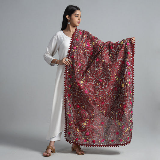 Brown - Ranihati Chanderi Silk Chapa Work Phulkari Embroidered Dupatta with Pom Pom 68
