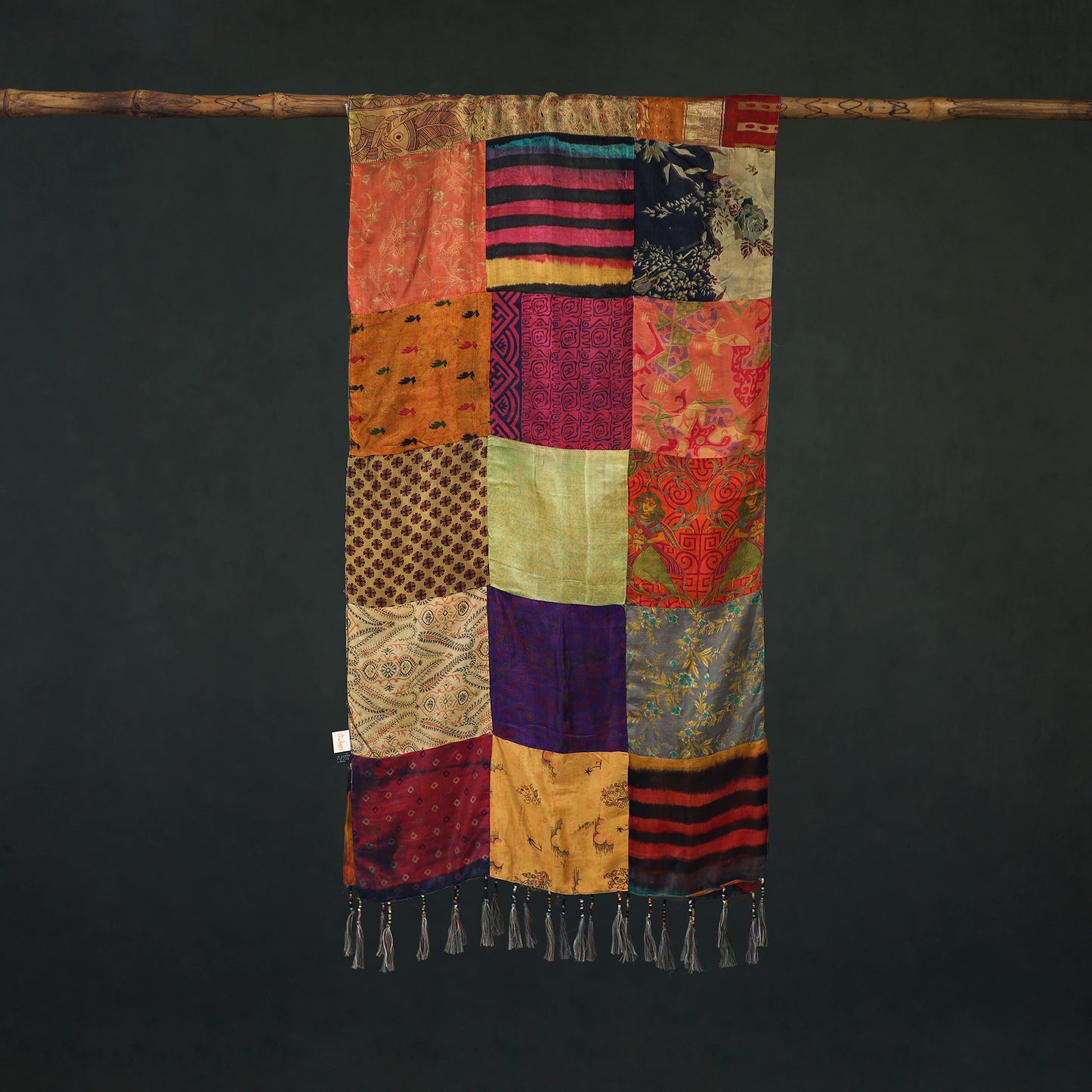 Pure Silk Reversible Patchwork Stole with Tassels 26