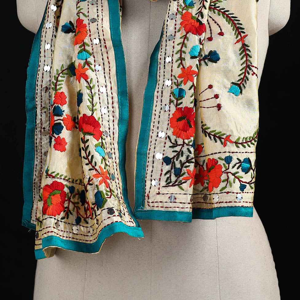 Beige - Ranihati Chanderi Silk Hand Embroidered Stole 141