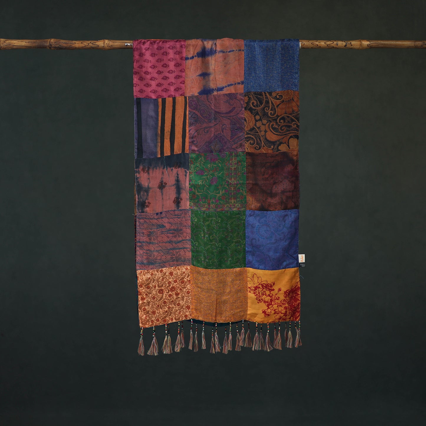 Pure Silk Reversible Patchwork Stole with Tassels 25