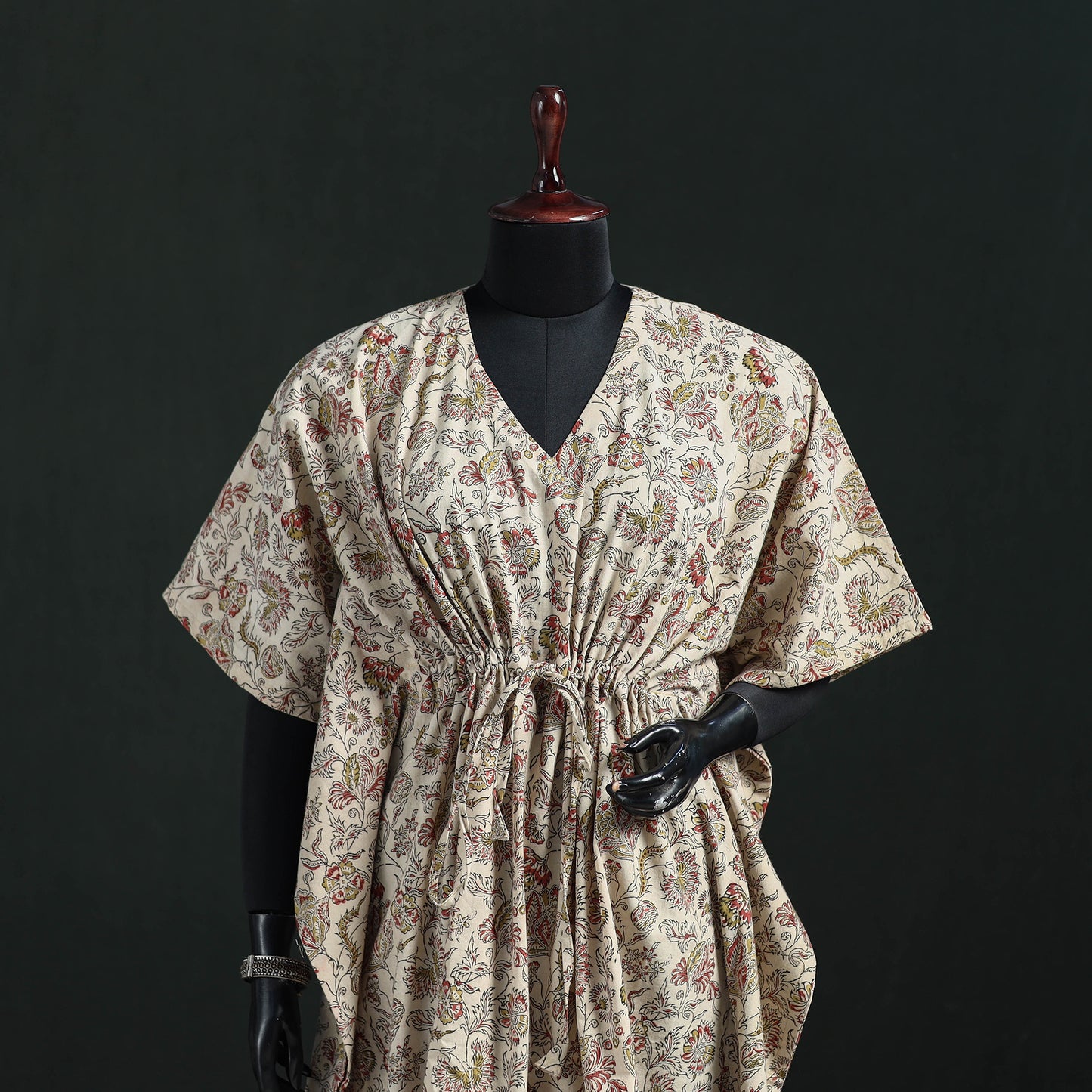 Beige - Kalamkari Hand Block Print Natural Dyed Cotton Kaftan (Medium) 13
