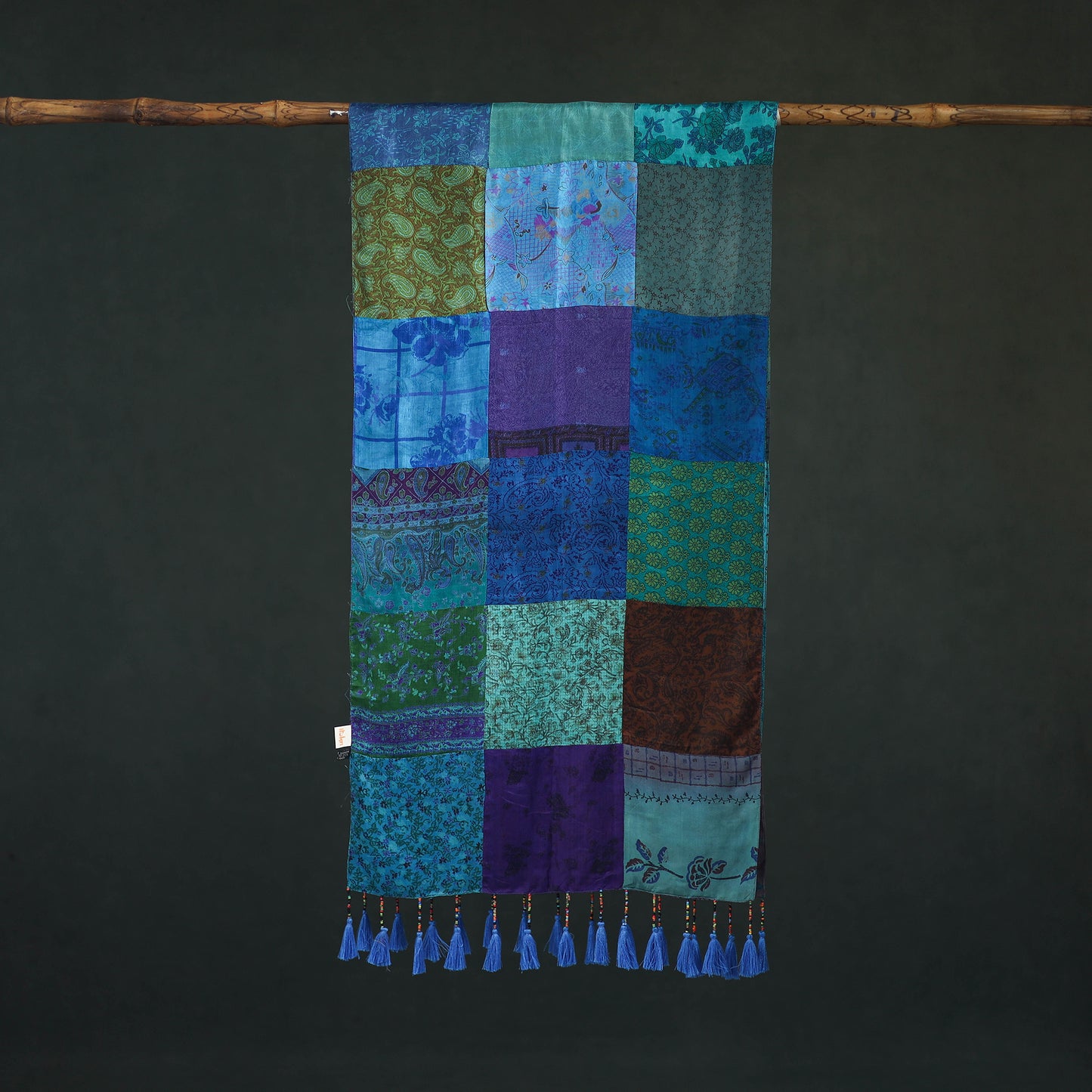 Pure Silk Reversible Patchwork Stole with Tassels 24