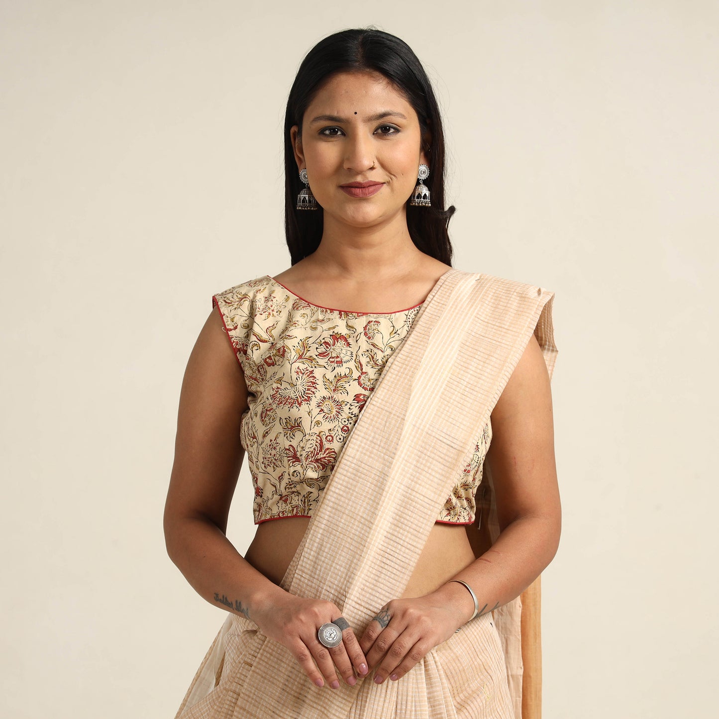 Beige - Pedana Kalamkari Block Printed Cotton Stitched Blouse 12