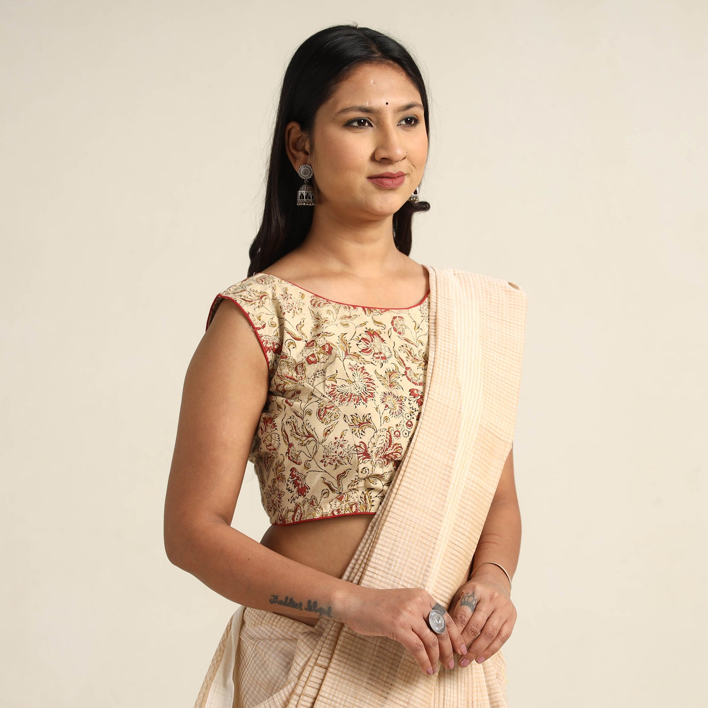Beige - Pedana Kalamkari Block Printed Cotton Stitched Blouse 12