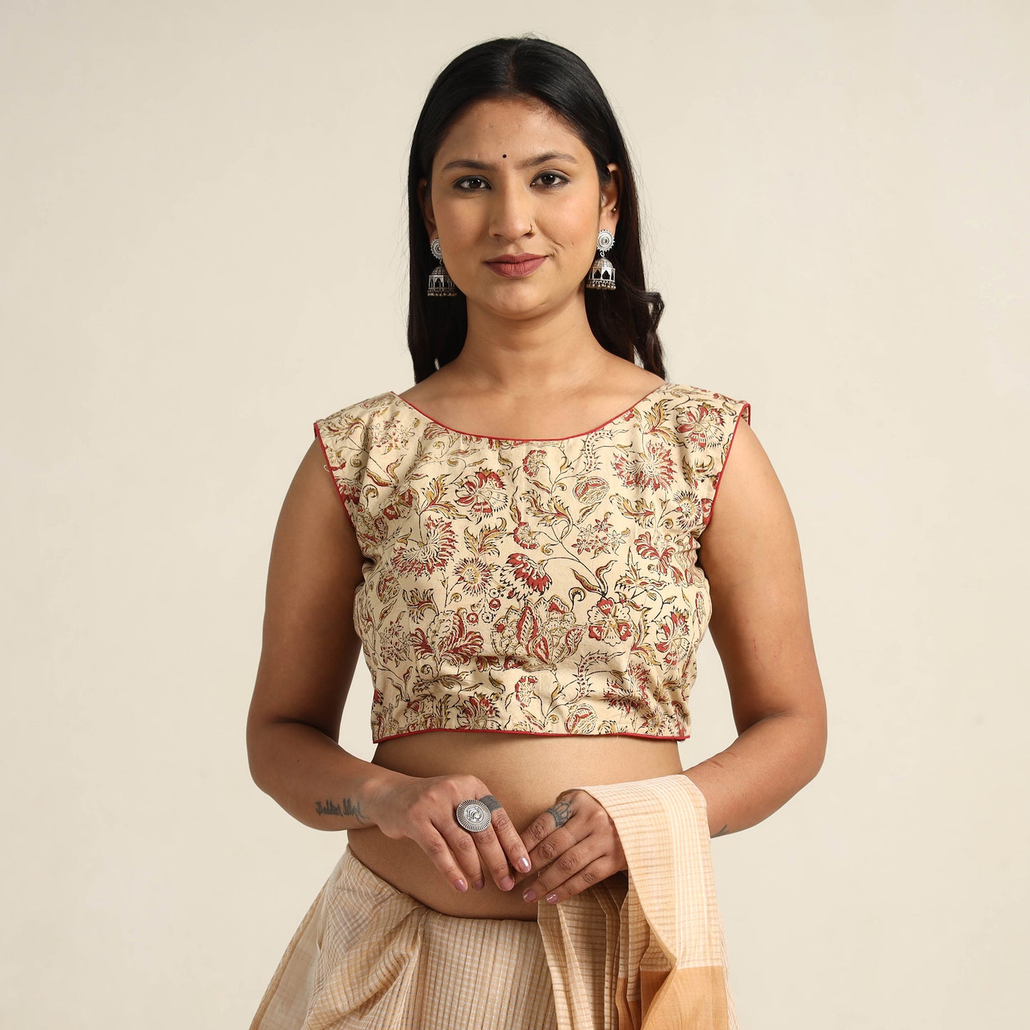 Beige - Pedana Kalamkari Block Printed Cotton Stitched Blouse 12