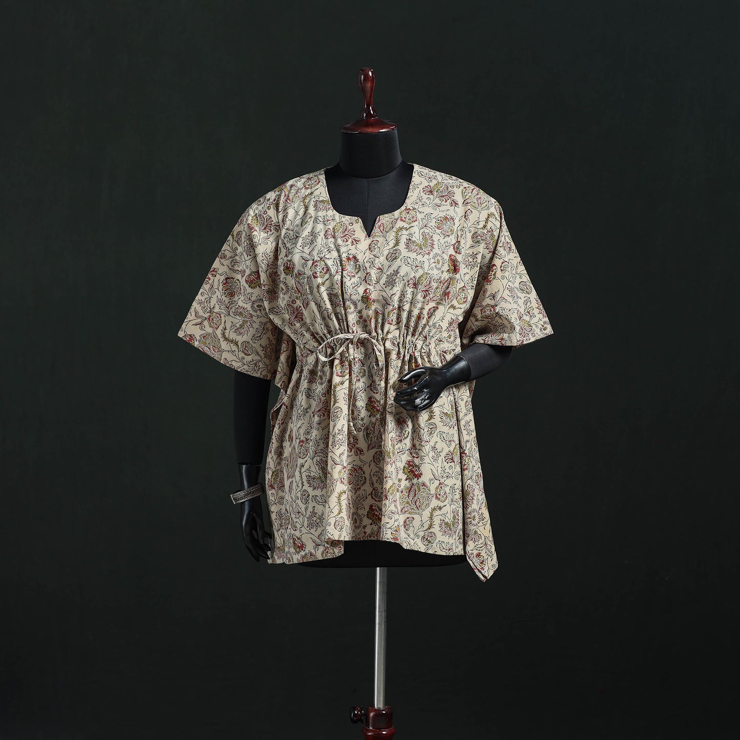Beige - Kalamkari Hand Block Print Natural Dyed Cotton Kaftan (Short) 14