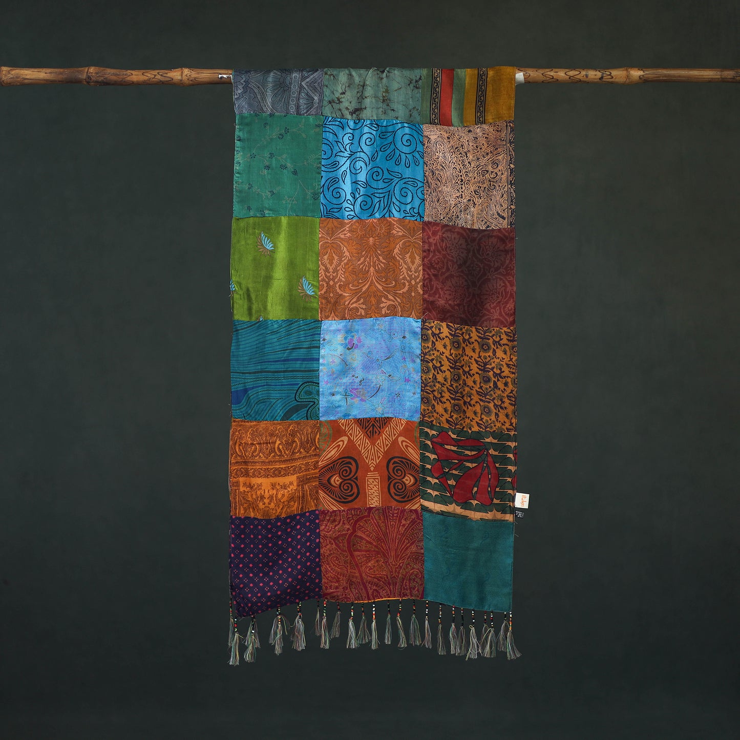Pure Silk Reversible Patchwork Stole with Tassels 19
