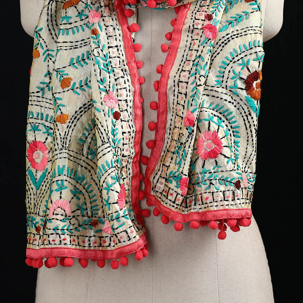 Ranihati Chanderi Silk Hand Embroidered Stole with Pom Pom 148